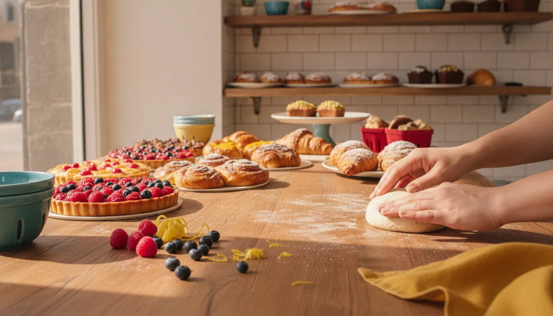 Colorful gluten-free pastries on a bakery worktable
