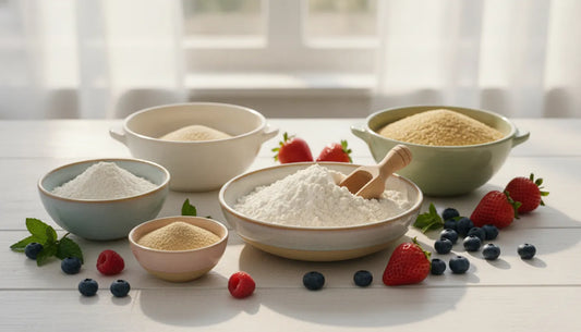 Gluten-free baking ingredients arranged on a bright kitchen table