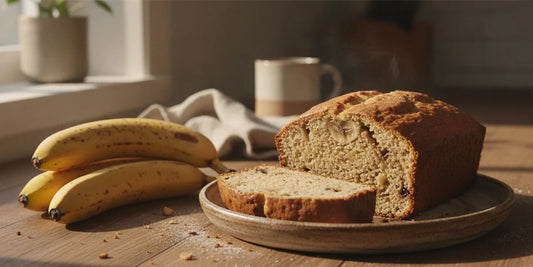 A golden, sliced loaf of banana bread served on a plate beside ripe bananas