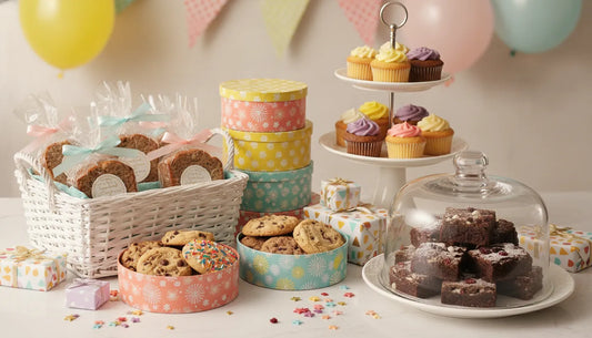 Colorful gluten-free birthday treats arranged for gifting