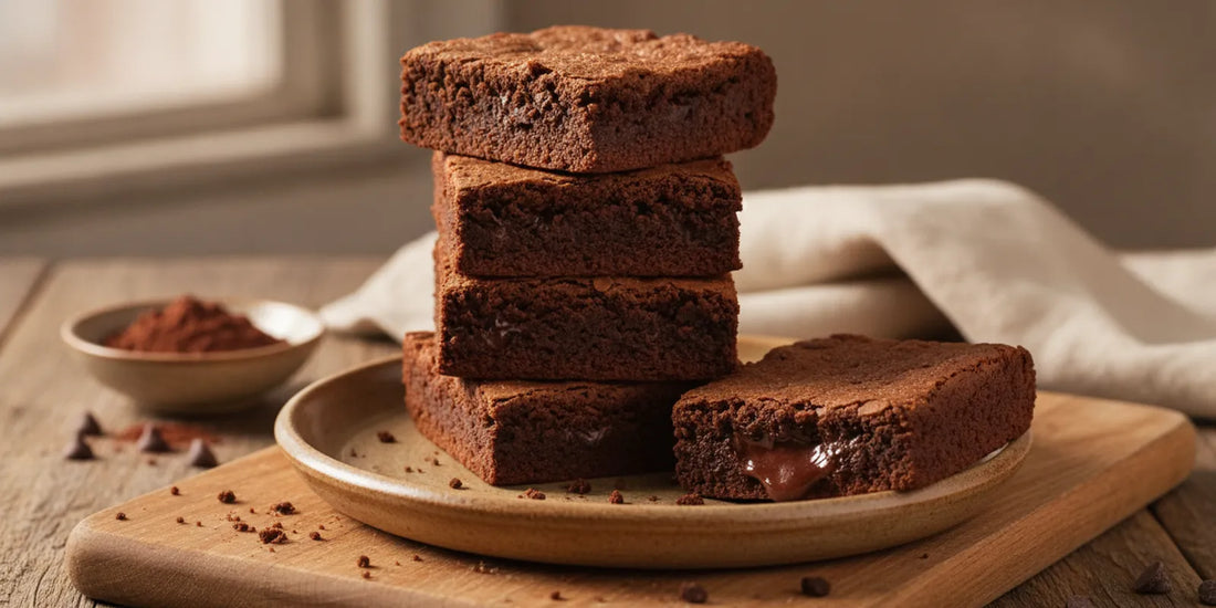 Rich chocolate brownies cut into squares on a plate beside a few crumbs