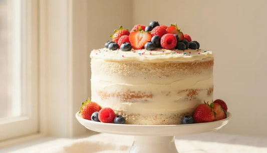 Moist gluten-free cake with vanilla frosting and colorful berries on a white cake stand