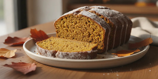 A sliced loaf of pumpkin bread on a plate with a warm autumn-colored table setting