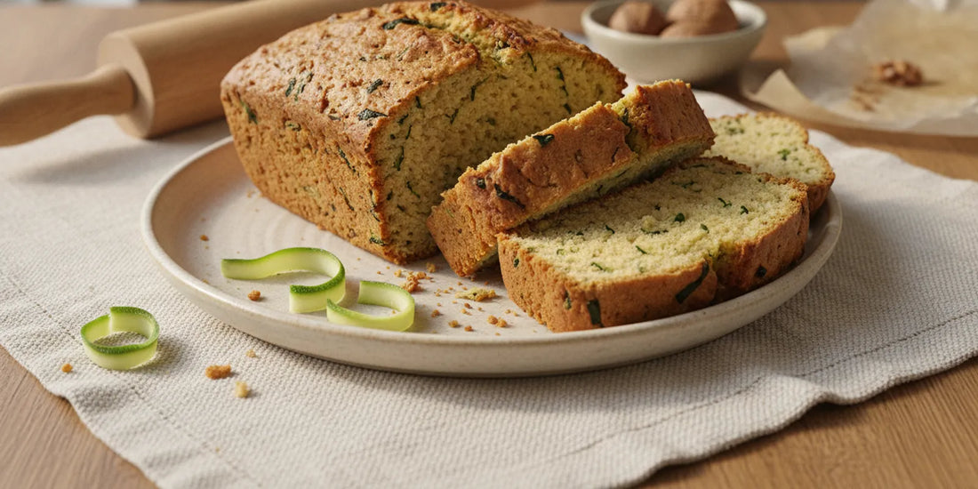 A sliced loaf of zucchini bread with a tender crumb on a plate