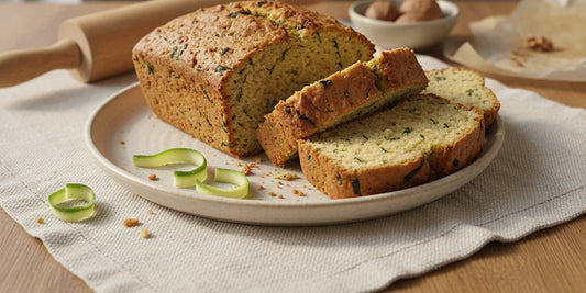 A sliced loaf of zucchini bread with a tender crumb on a plate