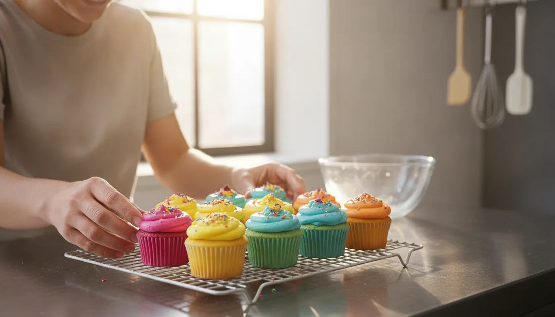 Baker placing colorful gluten-free cupcakes on a clean cooling rack