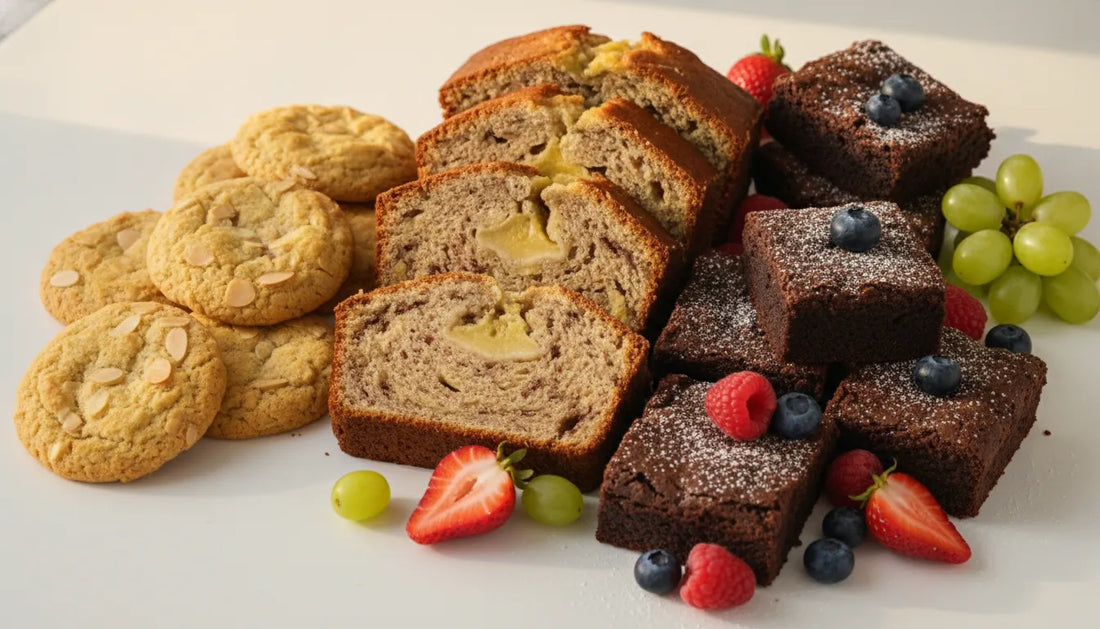 Assortment of gluten-free cookies, banana bread, and brownies on a bright bakery table