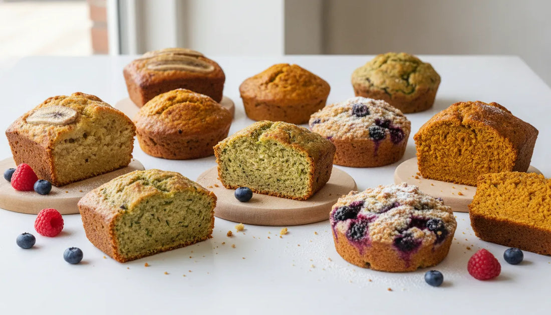 Assorted vegan gluten-free mini breads on a bright bakery table