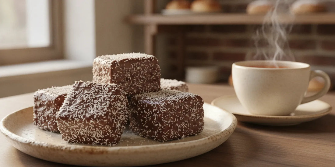 Chocolate-coated lamington cake pieces rolled in coconut on a serving plate