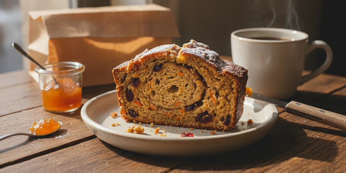 A sliced gluten-free morning glory loaf with a tender crumb served for breakfast