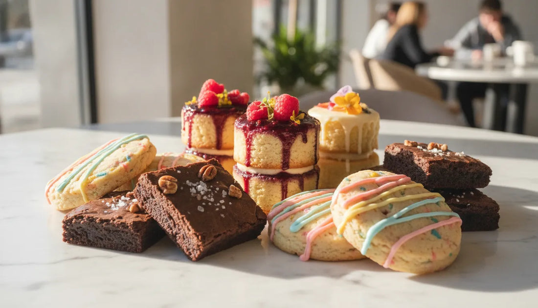 Colorful gluten-free brownies, cookies, and mini cakes on a bright bakery table